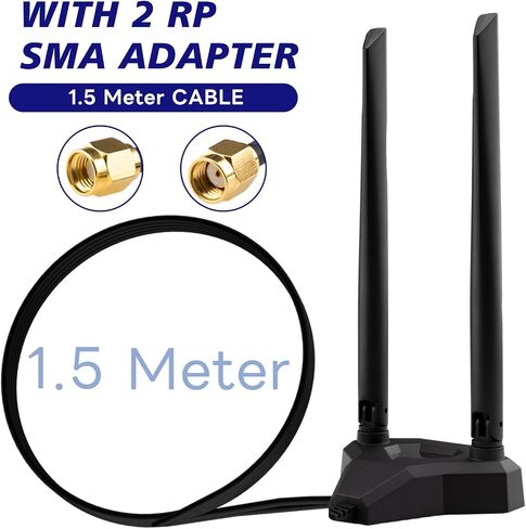 BOOBRIE Dual Band WiFi 6 Antenna 8dBi High Gain 2.4Ghz 5GHz 5.8Ghz MIMO Wireless Antenna with 4.9Ft Cable RP-SMA WiFi Router Signal Booster Magnetic Base Aerial for PC Desktop Computer PCI-E Wireless in Saudi Arabia