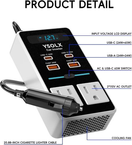 Car Power Inverter, YSOLX 200W Inverter Car Outlet Adapter to Wall Plug with 65W USB-C/48W Dual Fast Charging USB/Dual AC Outlet, Car Inverter 12V to 110V AC Plug, Car Charger for Laptop in Saudi Arabia