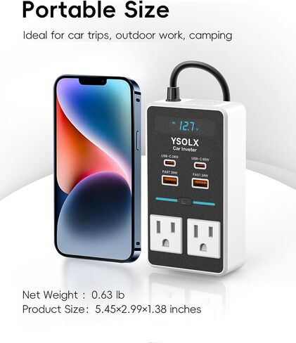 Car Power Inverter, YSOLX 200W Inverter Car Outlet Adapter to Wall Plug with 65W USB-C/48W Dual Fast Charging USB/Dual AC Outlet, Car Inverter 12V to 110V AC Plug, Car Charger for Laptop in Saudi Arabia