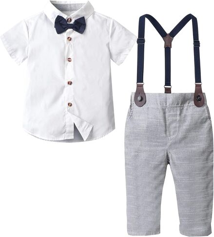 SANGTREE Boys Gentleman Clothes Set, White Short Sleeve Summer Shirt with Bowtie + Suspender Pants 2Pcs Wedding Birthday Outfit, Short White + Grey 6-9 Months = Tag 60 in Saudi Arabia