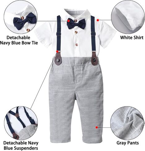 SANGTREE Boys Gentleman Clothes Set, White Short Sleeve Summer Shirt with Bowtie + Suspender Pants 2Pcs Wedding Birthday Outfit, Short White + Grey 6-9 Months = Tag 60 in Saudi Arabia