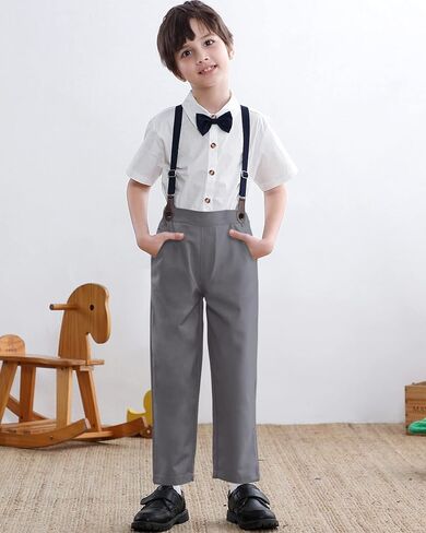 SANGTREE Boys Gentleman Clothes Set, White Short Sleeve Summer Shirt with Bowtie + Suspender Pants 2Pcs Wedding Birthday Outfit, Short White + Grey 6-9 Months = Tag 60 in Saudi Arabia