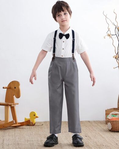SANGTREE Boys Gentleman Clothes Set, White Short Sleeve Summer Shirt with Bowtie + Suspender Pants 2Pcs Wedding Birthday Outfit, Short White + Grey 6-9 Months = Tag 60 in Saudi Arabia