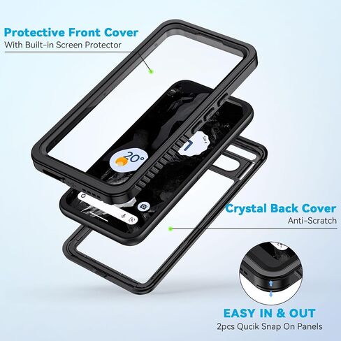 Lanhiem for Pixel 8a Case, IP68 Waterproof Dustproof, Built-in Screen Protector, Rugged Full Body Shockproof Phone Case for Google Pixel 8a, Obsidian Black in Saudi Arabia