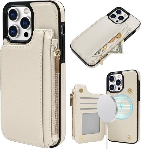 Delidigi for iPhone 14 Pro Max Case Wallet with Card Holder Compatible with Mag-Safe, Flip PU Leather Zipper Pouch Wallet Case for iPhone 14 Pro Max Women, Support Wireless Charging Beige in Saudi Arabia