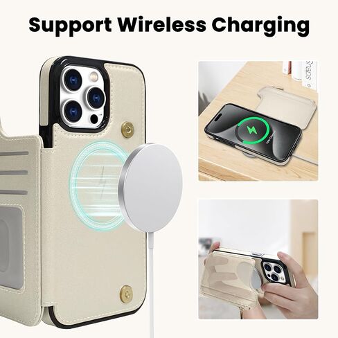 Delidigi for iPhone 14 Pro Max Case Wallet with Card Holder Compatible with Mag-Safe, Flip PU Leather Zipper Pouch Wallet Case for iPhone 14 Pro Max Women, Support Wireless Charging Beige in Saudi Arabia