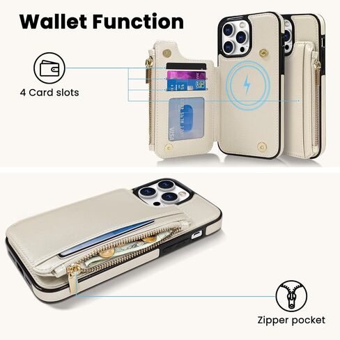 Delidigi for iPhone 14 Pro Max Case Wallet with Card Holder Compatible with Mag-Safe, Flip PU Leather Zipper Pouch Wallet Case for iPhone 14 Pro Max Women, Support Wireless Charging Beige in Saudi Arabia