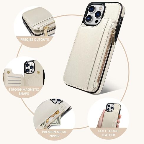 Delidigi for iPhone 14 Pro Max Case Wallet with Card Holder Compatible with Mag-Safe, Flip PU Leather Zipper Pouch Wallet Case for iPhone 14 Pro Max Women, Support Wireless Charging Beige in Saudi Arabia