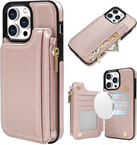Delidigi for iPhone 14 Pro Max Case Wallet with Card Holder Compatible with Mag-Safe, Flip PU Leather Zipper Pouch Wallet Case for iPhone 14 Pro Max Women, Support Wireless Charging Beige in Saudi Arabia