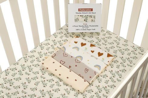 Fadacudan Muslin Fitted Crib Sheet with 4 Pack Muslin Baby Washcloths 12"x 12" Love Rainbow Stras,Cotton Stylish Boho Super Soft for Baby Beige in Saudi Arabia