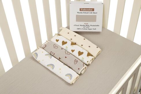 Fadacudan Muslin Fitted Crib Sheet with 4 Pack Muslin Baby Washcloths 12"x 12" Love Rainbow Stras,Cotton Stylish Boho Super Soft for Baby Beige in Saudi Arabia