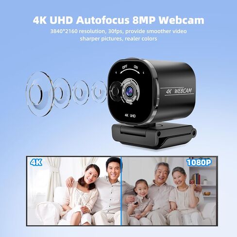 4K Webcam for PC, 4K Autofocus Web Camera with Dual Noise-Canceling Mics, Built-in Privacy Cover, Adjustable Tripod, Plug and Play, USB Webcam for Zoom/Teams/OBS/Meet/Streaming/Video Calling in Saudi Arabia