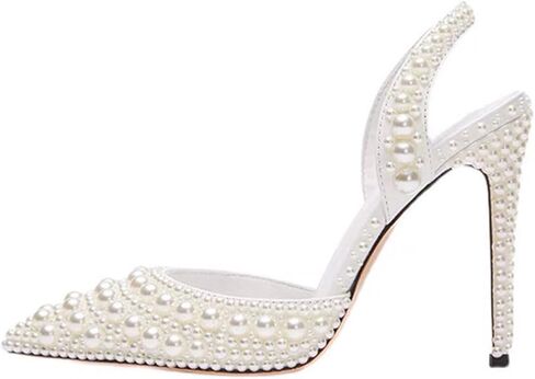 Goolita Pearl Slingback Heels for Women, Pointed Closed Toe Slip On Heeled Sandals Stiletto Heel Evening Bridal Shoes for Wedding in Saudi Arabia