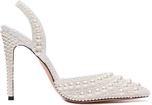 Goolita Pearl Slingback Heels for Women, Pointed Closed Toe Slip On Heeled Sandals Stiletto Heel Evening Bridal Shoes for Wedding in Saudi Arabia