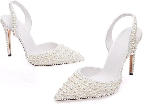 Goolita Pearl Slingback Heels for Women, Pointed Closed Toe Slip On Heeled Sandals Stiletto Heel Evening Bridal Shoes for Wedding in Saudi Arabia