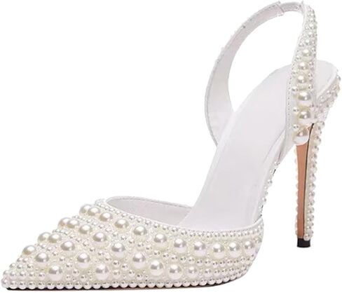 Goolita Pearl Slingback Heels for Women, Pointed Closed Toe Slip On Heeled Sandals Stiletto Heel Evening Bridal Shoes for Wedding in Saudi Arabia