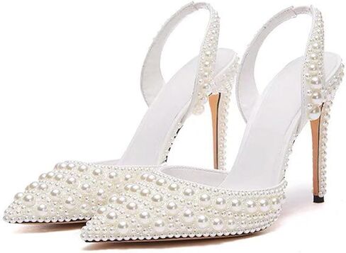 Goolita Pearl Slingback Heels for Women, Pointed Closed Toe Slip On Heeled Sandals Stiletto Heel Evening Bridal Shoes for Wedding in Saudi Arabia