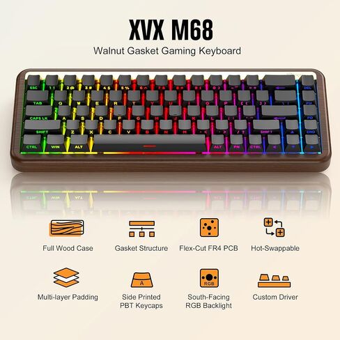 لوحة مفاتيح الألعاب XVX M68 Retro مع خشب الجوز، ولوحة مفاتيح ميكانيكية ذات حشية بنسبة 60%، ومفاتيح POM مسبقة التشحيم، ولوحة مفاتيح ألعاب كريمية، ولوحة مفاتيح مخصصة قابلة للتبديل السريع، وإضاءة خلفية RGB، وملف تعريف الكرز in Kuwait