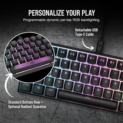 لوحة مفاتيح الألعاب الميكانيكية Corsair K65 RGB Mini 60% - مفاتيح ميكانيكية Cherry MX Brown - إضاءة خلفية RGB قابلة للتخصيص لكل مفتاح - كابل USB من النوع C قابل للفصل - تخطيط QWERTY NA - أسود (متجدد) in Saudi Arabia