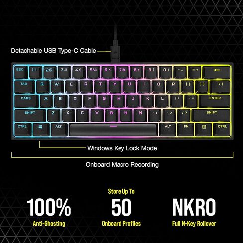 لوحة مفاتيح الألعاب الميكانيكية Corsair K65 RGB Mini 60% - مفاتيح ميكانيكية Cherry MX Brown - إضاءة خلفية RGB قابلة للتخصيص لكل مفتاح - كابل USB من النوع C قابل للفصل - تخطيط QWERTY NA - أسود (متجدد) in Saudi Arabia