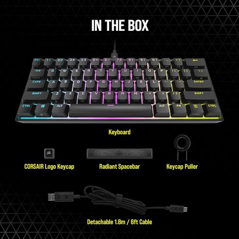 لوحة مفاتيح الألعاب الميكانيكية Corsair K65 RGB Mini 60% - مفاتيح ميكانيكية Cherry MX Brown - إضاءة خلفية RGB قابلة للتخصيص لكل مفتاح - كابل USB من النوع C قابل للفصل - تخطيط QWERTY NA - أسود (متجدد) in Saudi Arabia