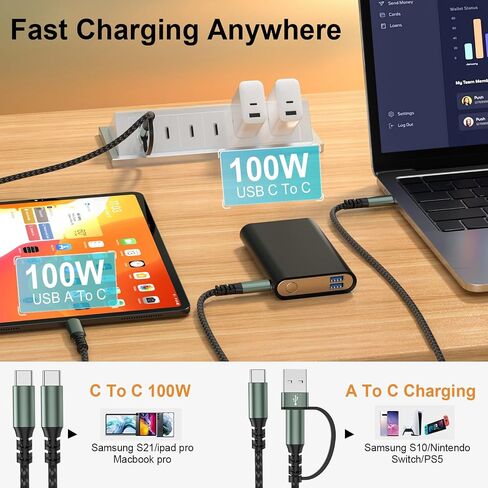 كابل بيانات 6.6 قدم 100 واط USB C إلى C USB A إلى C كابل مجدول من النايلون متوافق مع iPhone 13 12 11 Pro Max XR XS X 8 7 6 Plus SE iPad والمزيد in Saudi Arabia