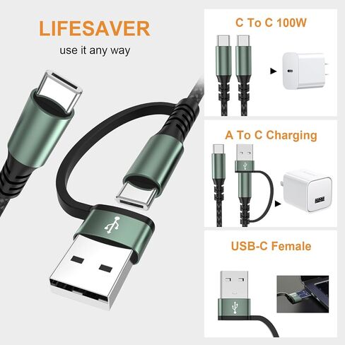 كابل بيانات 6.6 قدم 100 واط USB C إلى C USB A إلى C كابل مجدول من النايلون متوافق مع iPhone 13 12 11 Pro Max XR XS X 8 7 6 Plus SE iPad والمزيد in Saudi Arabia