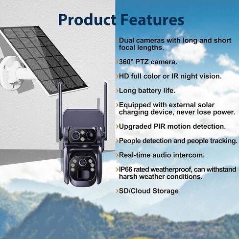 4G Low-Powered Solar Security Camera Outdoor, 2K No WiFi Dual Lens Linkage Security Cameras for Home Security, 2-Way Talk Cameras with PIR Motion Detection, Color Night Vision, IP66 (Black) in Saudi Arabia