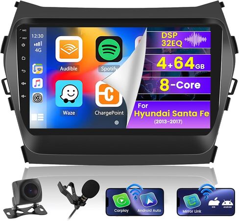 ترقية راديو Roinvou 8 النوى 4+64G Android لسيارة Hyundai Santa Fe 2013-2017، شاشة لمس عالية الدقة مقاس 9 بوصات مع CarPlay اللاسلكي Android Auto GPS Navigation WiFi Backup Camera Mirror Link Bluetooth Mic RDS in Kuwait