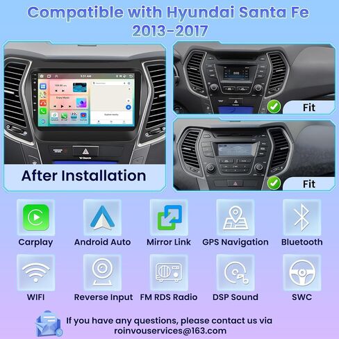 ترقية راديو Roinvou 8 النوى 4+64G Android لسيارة Hyundai Santa Fe 2013-2017، شاشة لمس عالية الدقة مقاس 9 بوصات مع CarPlay اللاسلكي Android Auto GPS Navigation WiFi Backup Camera Mirror Link Bluetooth Mic RDS in Kuwait