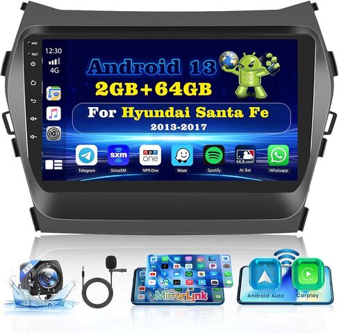 ترقية راديو Roinvou 8 النوى 4+64G Android لسيارة Hyundai Santa Fe 2013-2017، شاشة لمس عالية الدقة مقاس 9 بوصات مع CarPlay اللاسلكي Android Auto GPS Navigation WiFi Backup Camera Mirror Link Bluetooth Mic RDS in Kuwait