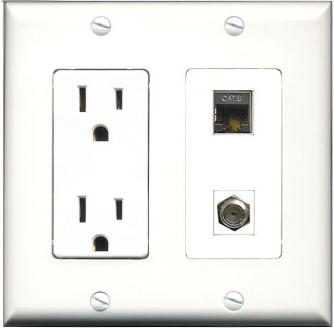 RiteAV - 15 Amp Power Outlet and 1 Port Shielded Cat6 Ethernet and 1 Port Coax Cable TV- F-Type Decorative Type Wall Plate - White in Saudi Arabia