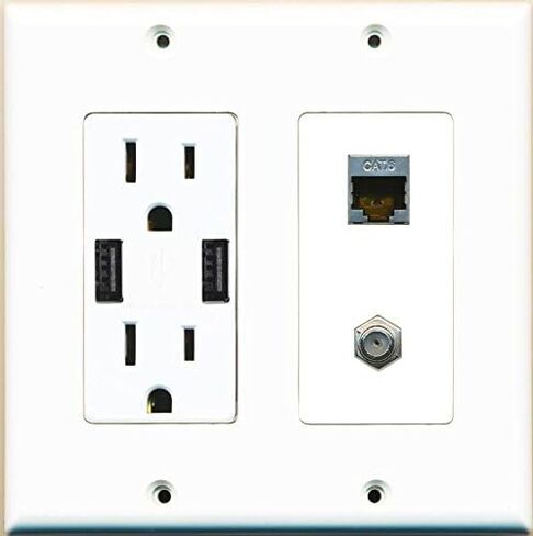RiteAV - 15 Amp Power Outlet and 1 Port Shielded Cat6 Ethernet and 1 Port Coax Cable TV- F-Type Decorative Type Wall Plate - White in Saudi Arabia