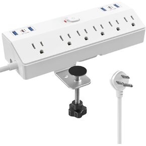 40W Fast Charging Station, Desk Clamp Power Strip, JXGUCAT Removable Desk Clamp Mount Power Strip Surge Protector, 2 USB-C Ports, 6 AC Outlets and 10ft Cord, Fits 1.8" Tabletop Edge