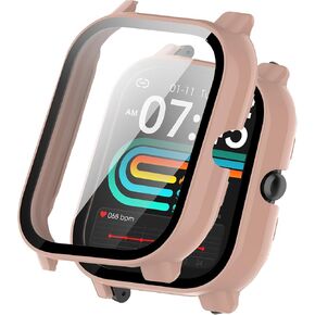 for Nerunsa P66D Smart Watch Case,Hard PC Screen Protector,9H Tempered Glass Ultra-Thin Full-Coverage Shockproof Bumper,Pink