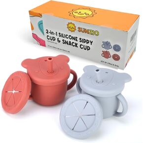 2-in-1 Silicone Baby Cups with Straw & Snack Cup Lid, 7 Oz Spill Proof Sippy Cups for Girls and Boys, Toddler Training Cup (2-Pack)