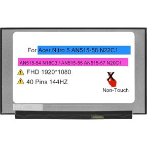 15.6" LCD Non-Touch Screen Replacement B156HAN08.0 B156HAN08.2 B156HAN08.4 LM156LF2F01 N156HRA-EA1 for Acer Nitro 5 AN515-58 N22C1 / AN515-54 N18C3 / AN515-55 AN515-57 N20C1 FHD 40 pins 144HZ