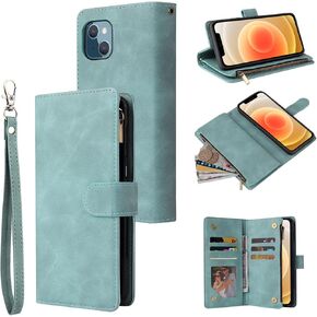 RANYOK Wallet Case for iPhone 14 (6.1 inch) with RFID Blocking Credit Card Holder, Premium PU Leather Zipper Pocket Flip Folio Case Wallet with Wrist Strap Kickstand Protective Case (Wine Red) in Kuwait