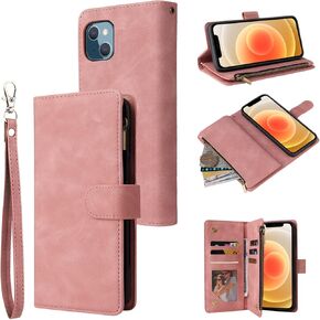 RANYOK Wallet Case for iPhone 14 (6.1 inch) with RFID Blocking Credit Card Holder, Premium PU Leather Zipper Pocket Flip Folio Case Wallet with Wrist Strap Kickstand Protective Case (Wine Red)