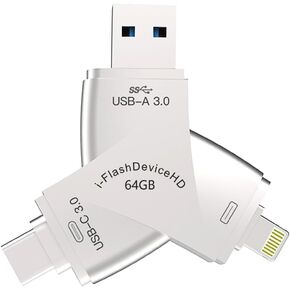 4 in 1 Flash Drive for iPhone Flash Drive Security Protection Photo & Video U Disk USB 3.0 External Storage Compatible with iPhone/iPad/Android/PC(64GB)
