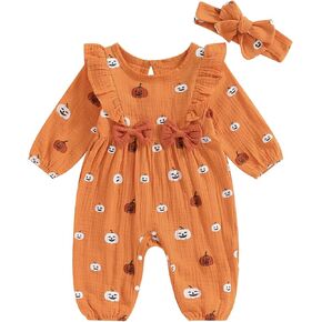 Newborn Baby Girl Halloween Clothes Puff Sleeve Cotton Linen Ruffle Pumpkin Print Jumpsuit Fall One Piece Outfits
