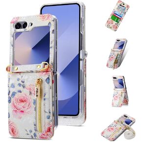 for Samsung Galaxy Z Flip 6 Flower Credit Card Holder Wallet Case with Strap, Rose Pattern Crossbody Purse Floral Kickstand for Women, Cute and Charming.(Black)
