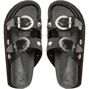OYOANGLE Women's Studded Double Buckle Strap Footbed Sandals Fashion Platform Slip on Slides Sandals