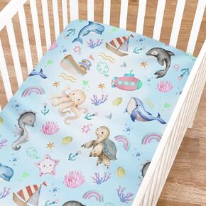 Colorful Sea Animals Rainbow Crib Sheets for Girls and Boys 52"x28" Whale Dolphin Turtle Sea Horse Corals Crib Fitted Sheet Soft Nursery Bed Sheets Fits Standard Crib and Toddler Bed Mattresses Blue