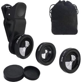 YACSEJAO 3 in 1 Cell Phone Camera Lens Kit Portable Cell Phone Camera Lens Super Wide Angle Lens Macro Lens Fisheye Lens Clip for Smartphones and Tablet PC Black