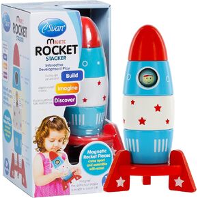 Wooden Stacker Toy Space Rocket - 6 Magnetic Stacking Pieces - Magnet Building Set with Surprise Astronaut Inside, Fun Hands On Game for Kids, All Natural Wood Set, Childrens Interactive Play Gift