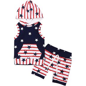 XFGLCK Toddler Kids Baby Boy 4th of July Outfit Hooded Sleeveless Shirt Top+ Star Stripe Shorts Summer Outfits