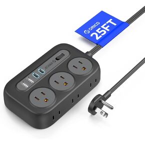 Flat Extension Cord 25 ft, Power Strip Long Cord with 4 USB Ports (2 USB C), Long Extension Cord with 6 Widely Spaced Outlets(2 Side), Wall Mount Power Strip, White extension cord for Home Office