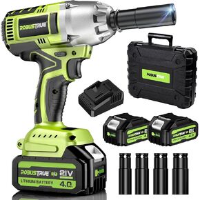 Cordless Impact Wrench, 590Ft-lbs (800N.m) Brushless 1/2 inch, 2500RPM Max Torque Impact Gun, 2x 4.0Ah Battery, Charger, 4 Sockets, Electric Impact Wrench for Car Truck RV
