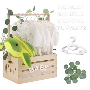 Wooden Baby Shower Crate Closet, Baby Shower Basket with Handle & Rack Hangers & Garland & Letter Cards Wooden Crate for Baby Shower Gifts Toy Storage Box Welcome Newborn Parents Party (Blue Color)